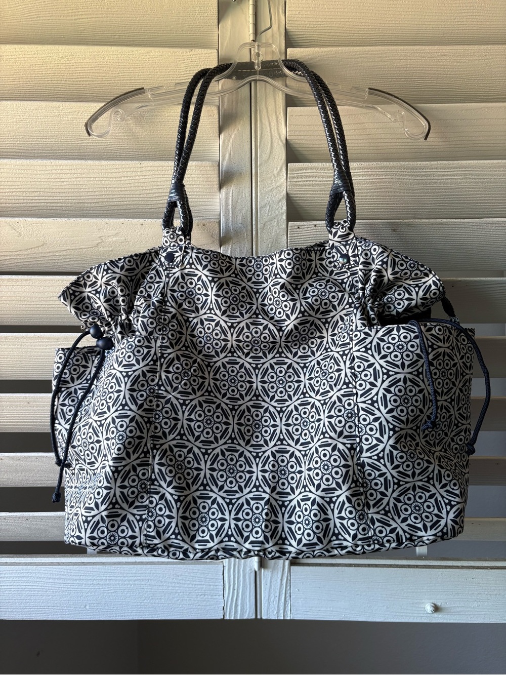 Promotional Resort Travel Tote Blue & White Printed Bag with Braided Rope Handle